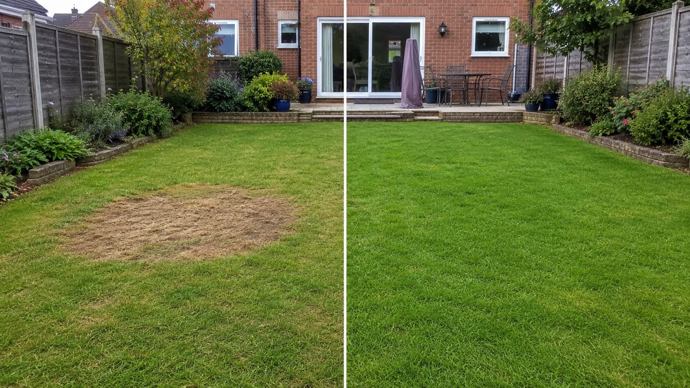 Before and after: a lawn with a bare dead patch, then the same lawn with the patch filled back in with green grass