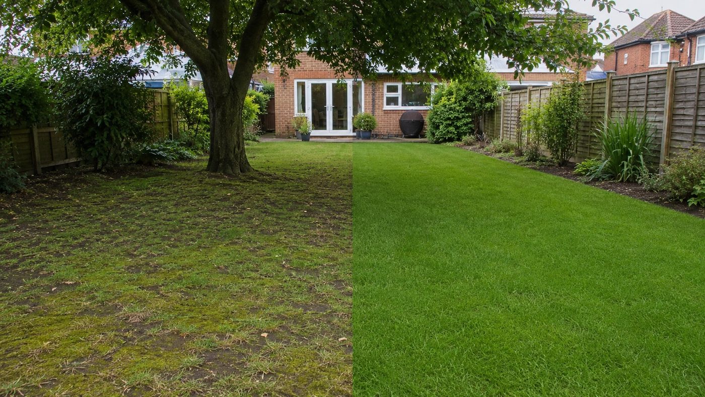 Before and after: a thin, mossy lawn in the shade under a tree transformed into a dense green lawn