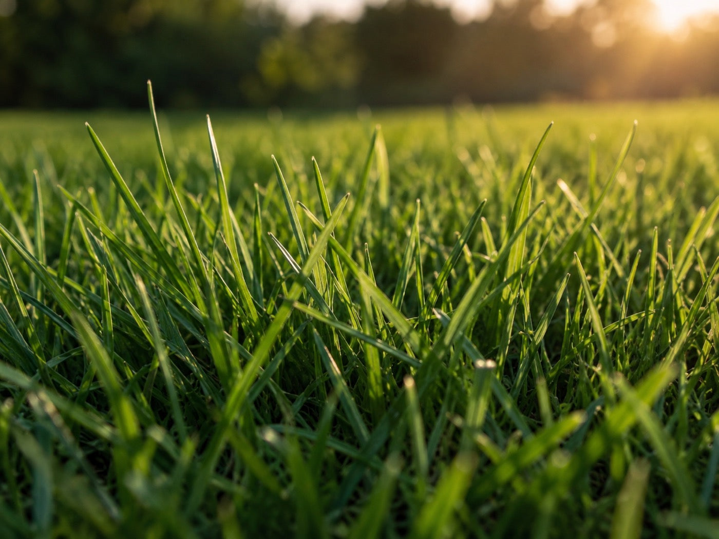 Grass blades with a faint waxy sheen in low evening light