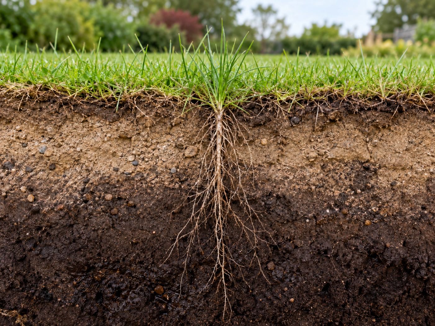 Cutaway of pale sandy soil showing tall fescue’s deep roots