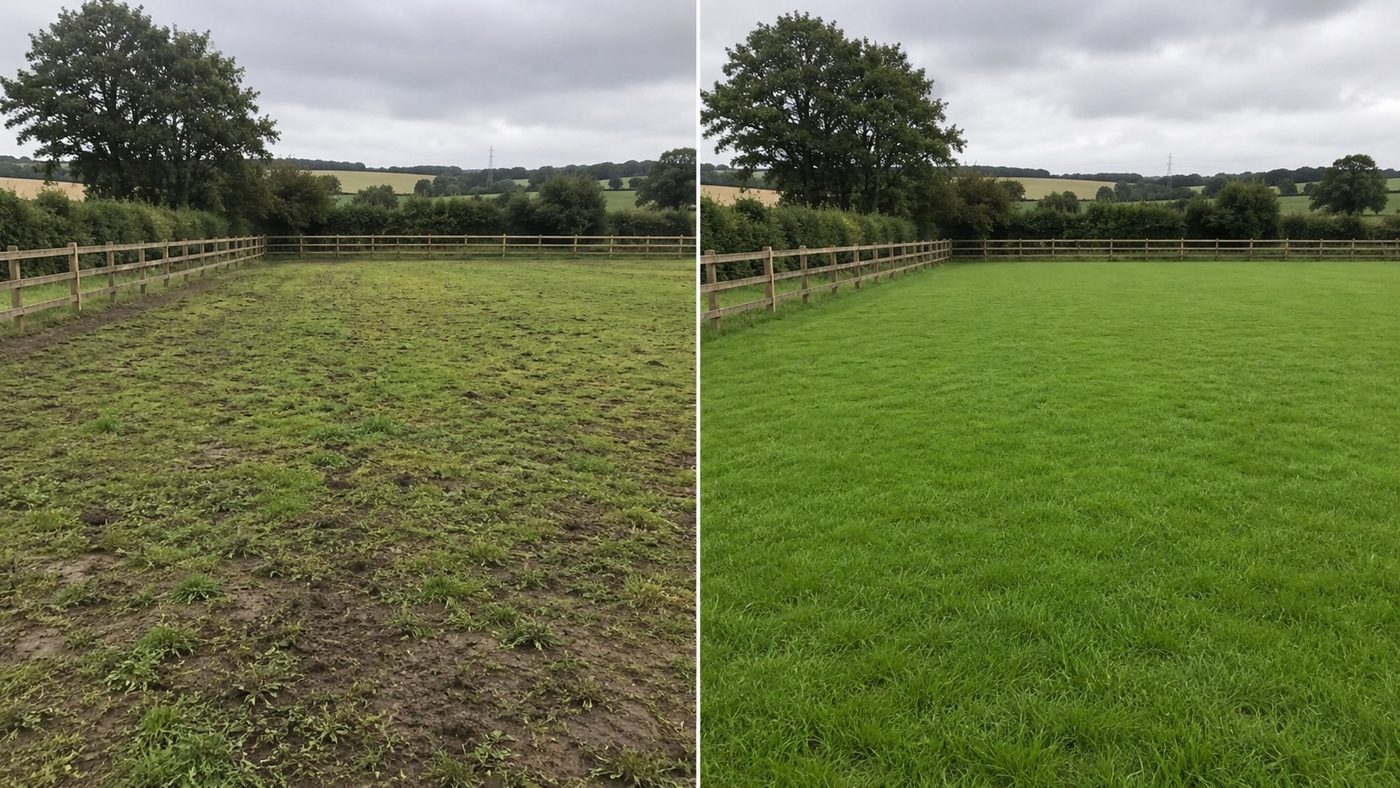 Before and after: a poached, muddy, weedy paddock reseeded into a thick, even green grazing sward