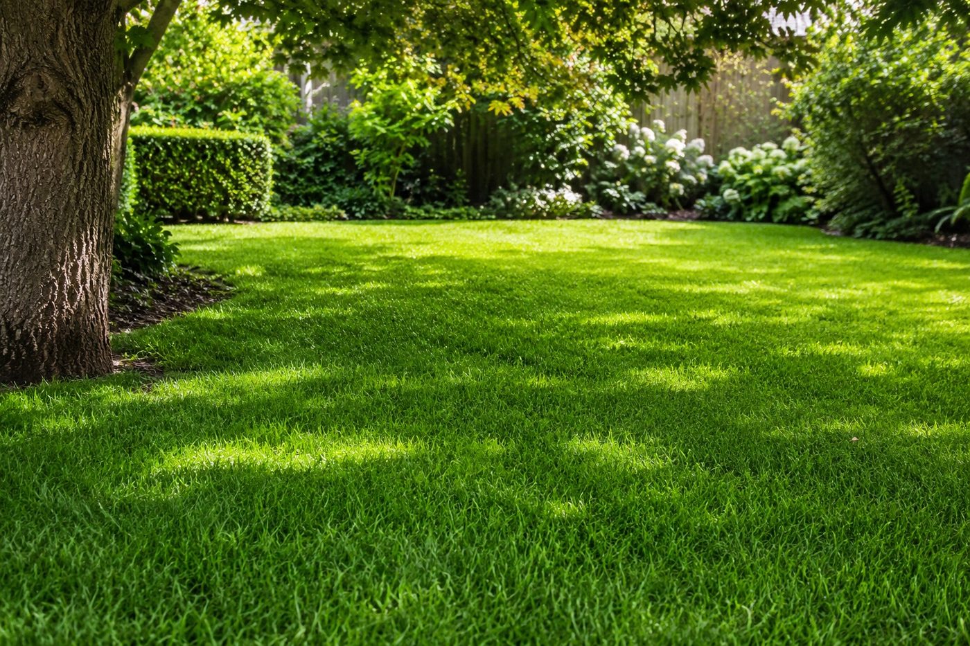 A dense, hard-wearing green lawn in a shaded garden