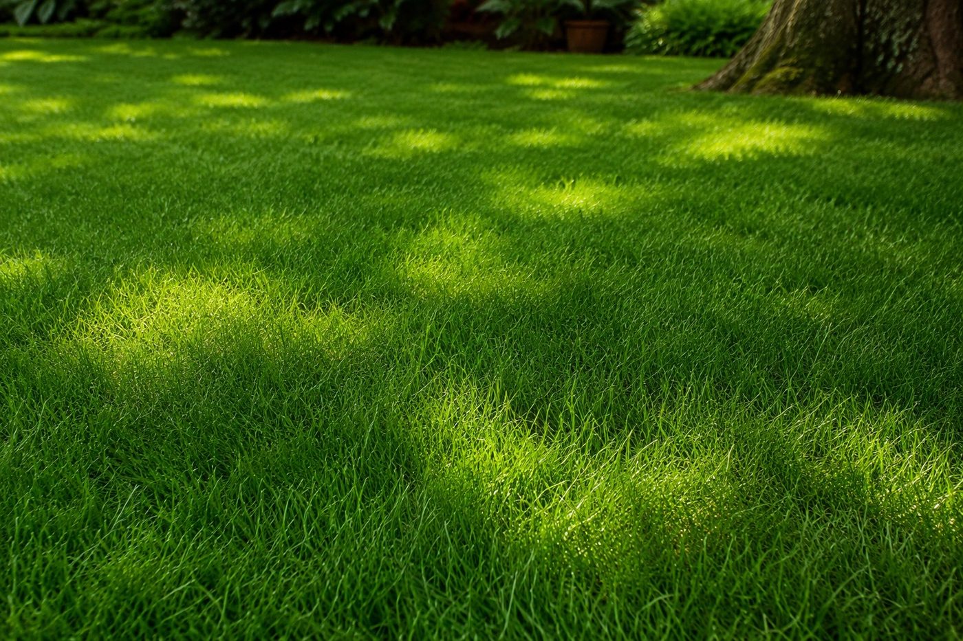 A lush fine-bladed lawn growing in dappled shade under a tree