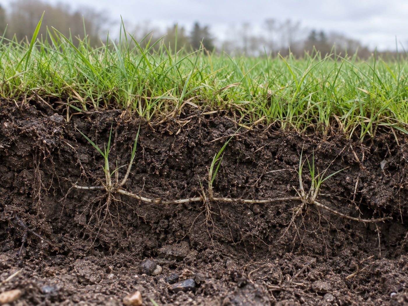 Fine turf spreading by underground runners into a bare patch